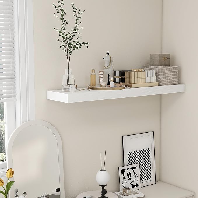 48 Inch White Floating Shelf | 12 Inch Deep Floating Shelves Set of 1 | 48" D x 12" D Rustic Wood Shelves for Wall | Deep Whi