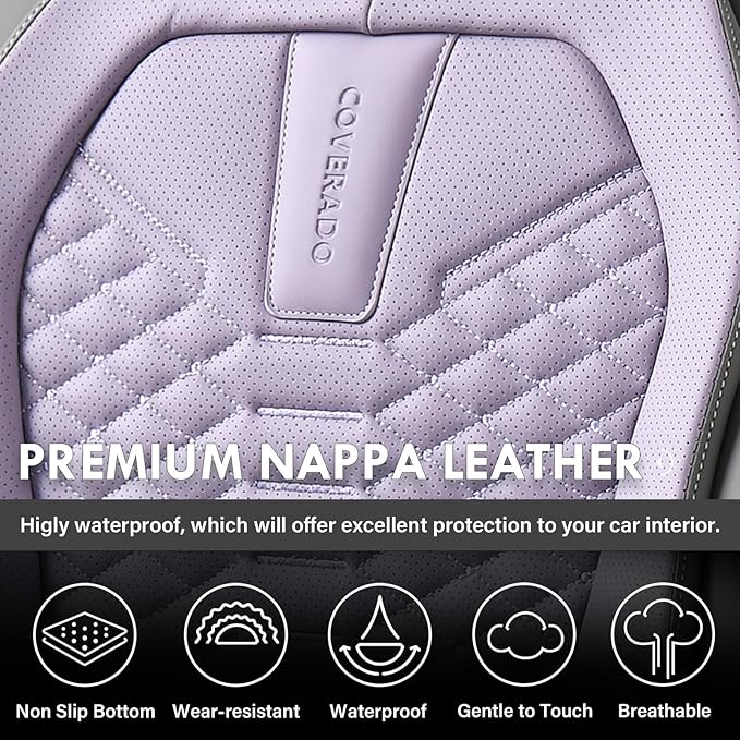 Coverado Car Seat Covers, Front Seat Cover, Waterproof Nappa Leather Seat Covers for Cars, Driver Car Seat Protectors, Gray a
