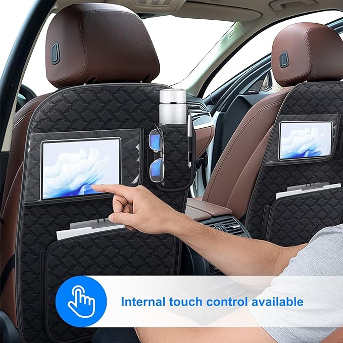 Back Seat Protector 2 Pack Fit For BMW M4 Car Kick Mats with Touch Screen Tablet Holder Storage Organizer Waterproof Dirt Proof Faux Leather Auto Accessories for Kids (1 Pair Black)