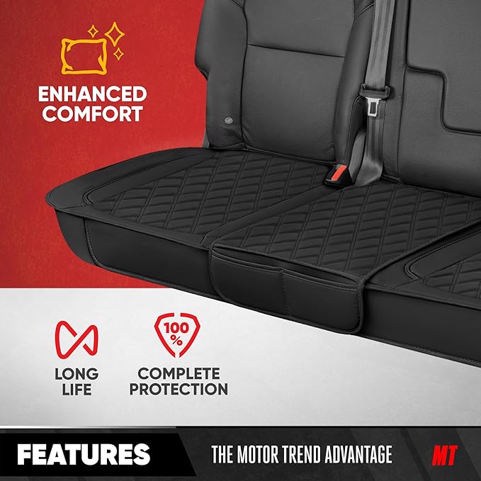 Motor Trend Rear Seat Cushion - Black Diamond Stitched Faux Leather Rear Seat Cover for Cars, Trucks, SUVs - Padded, Waterpro