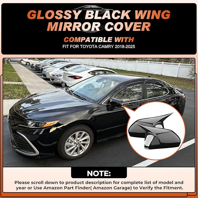 ACLONG Glossy Black Mirror Covers Fit for Toyota Camry 2018-2025 – Ox Horn Design, Driver & Passenger Side Rearview Cap Replacement (1 Pair)