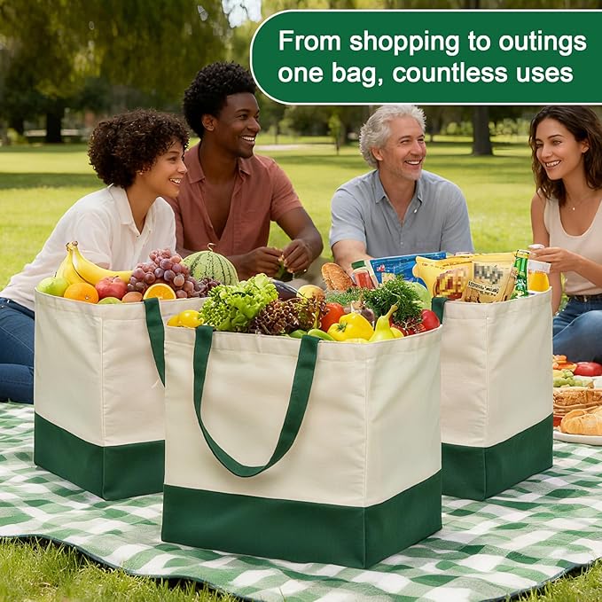 3 Pcs Reusable Grocery Bags - Heavy Duty Canvas Bag, 8.3 gal Foldable Large Canvas Tote Bag with Handles, Holds 60 lbs Tote Shopping Bags,100% Cotton（Retro Green）
