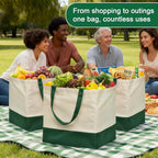3 Pcs Reusable Grocery Bags - Heavy Duty Canvas Bag, 8.3 gal Foldable Large Canvas Tote Bag with Handles, Holds 60 lbs Tote Shopping Bags,100% Cotton（Retro Green）