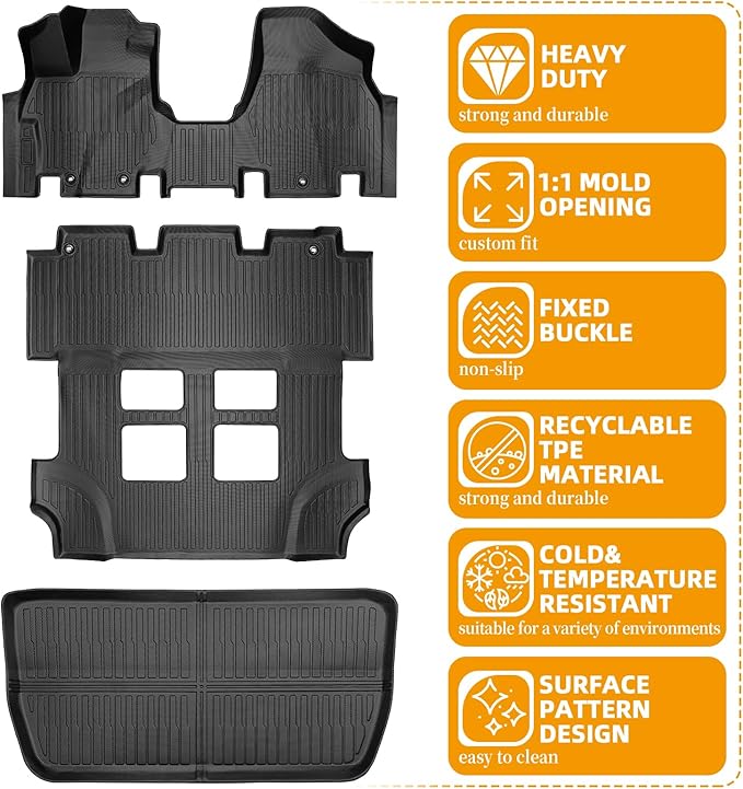 Floor Mats for Honda Odyssey 2011 2012 2013 2014 2015 2017, 2016 Odyssey Floor Mats, 1st and 2nd 3rd Row & Cargo Mat, TPE Non-Slip Waterproof Summer Winter Car Accessories