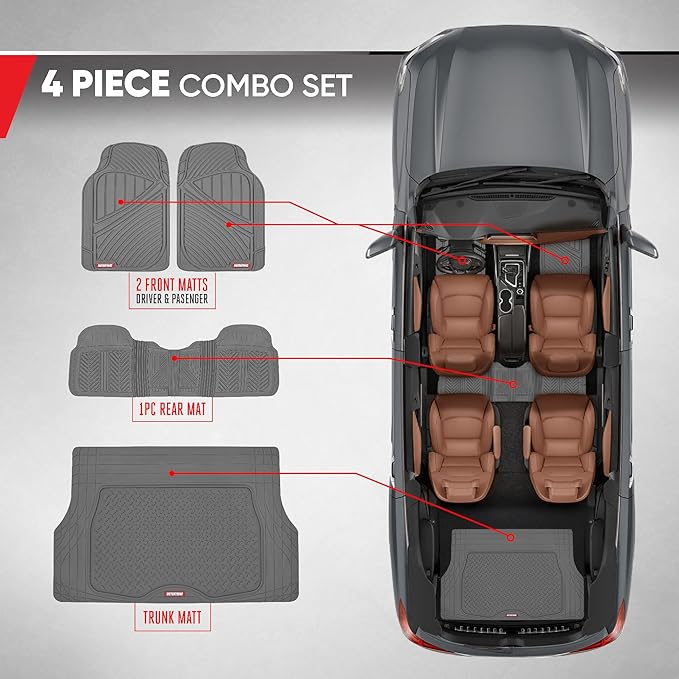 Motor Trend FlexTough Performance All Weather Rubber Car Floor Mats with Cargo Liner – Full Set Front & Rear Odorless Floor Mats for Cars Truck SUV, BPA-Free Automotive Floor Mats (Gray)