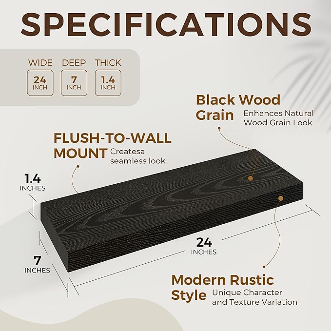 Dreamland 24 Inch Long Floating Shelves in Black,6.7 Inch Deep Floating Shelf for Wall,Large Display & Storage Shelf, Wall Sh