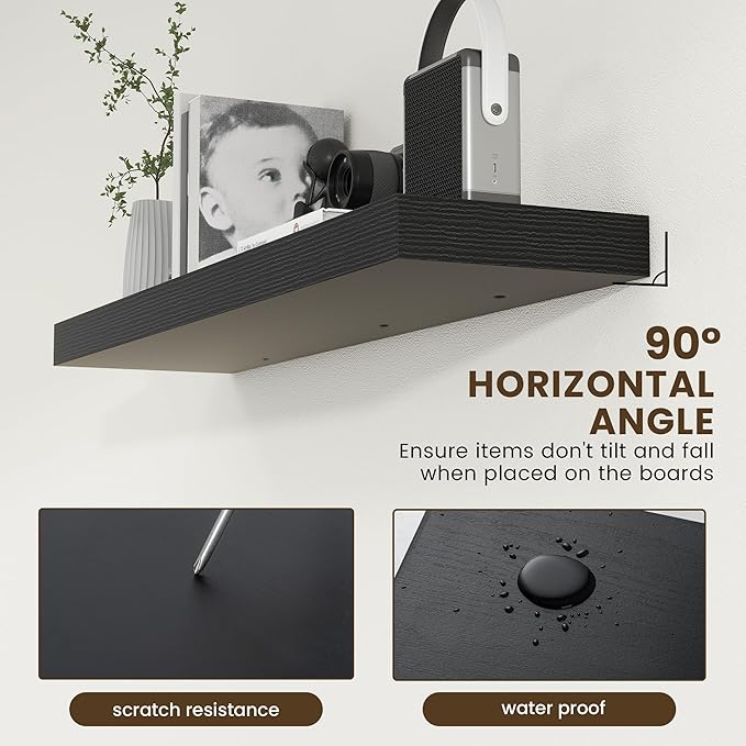 48 Inch Black Floating Shelf | 12 Inch Deep Floating Shelves Set of 1 | 48" D x 12" D Rustic Wood Shelves for Wall | Deep Bla