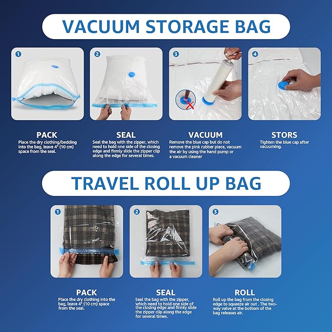 8 Jumbo Vacuum Storage Bags, Space Saver Bags, Vacuum Seal Bags with Hand Pump for Comforters, Blankets, Bedding, Pillows and