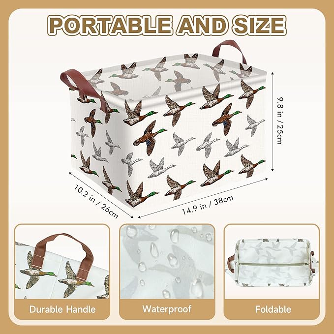 Mallard Duck Storage Basket Waterproof Canvas Toy Storage Bin Mallard Duck Room Decor Collapsible Outdoor Basket with Leather
