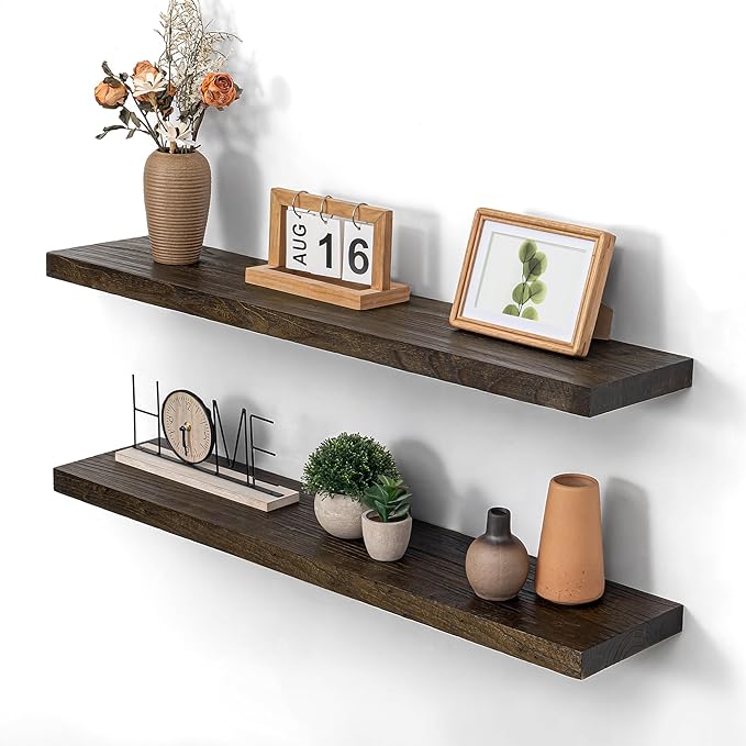 Wood Floating Shelves 36 Inch Long, Rustic Solid Elm Wood Shelves for Home Decor, 8 Inch Deep Wall Shelf with Invisible Brack