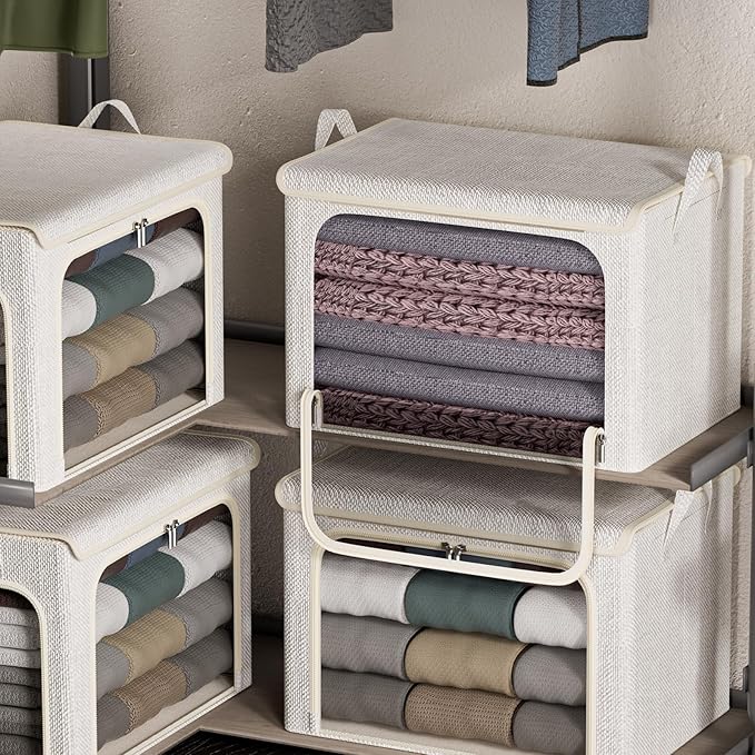 4 Pack Clothes Storage Bins with Metal Frame - 66L Stackable Storage Box with Lid，Foldable Storage Container Organizer for Cl