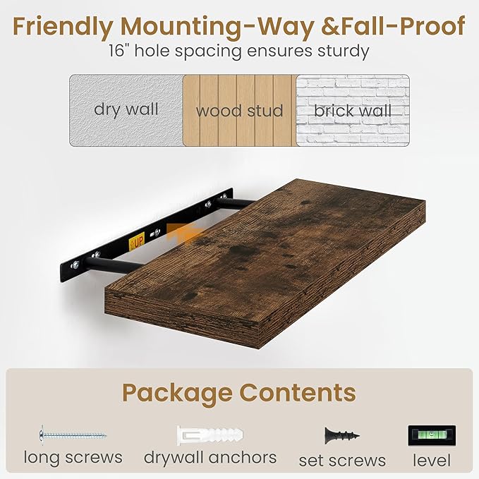 24"W x 9.3"D Floating Shelves for Wall, Wall Mounted Bathroom Shelves 2 Pack Deep Floating Shelf for Bedroom Kitchen Living R