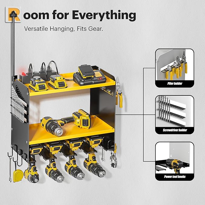 Spampur Power Tool Organizer Wall Mount with Charging Station, Tool Battery Holder with 4 Outlet Power Strip15 Min Assembly &