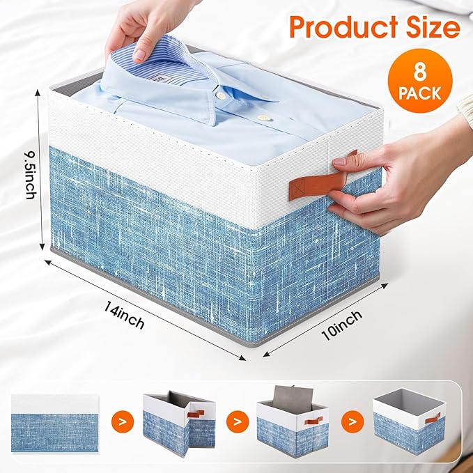 Fab totes Collapsible Storage Baskets for Shelves,14"x10", 8 Pack Foldable Fabric Storage Bins with Double Leather Handles, L