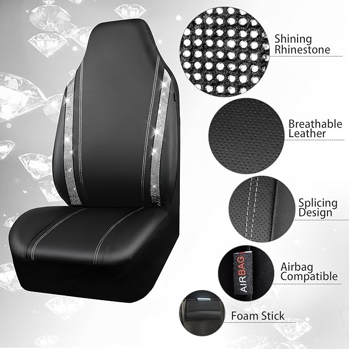 CAR PASS Leather Car Seat Covers Front Two Tesla Model 3 Model Y, Bling Waterproof Universal fit High Back Bucket Diamond Shining Glitter Crystal Sparkle, Truck SUV Cute Women Girl, Silver Rhinestone