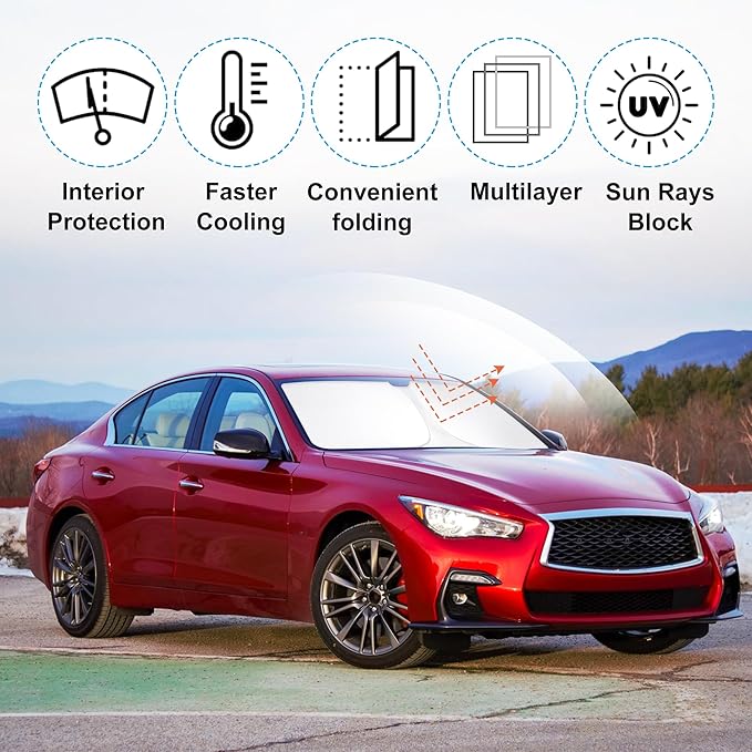 Front Windshield Sun Shade Foldable Car Front Window Sun Shade Windshield Shade Custom Fit for 2014-2024 Infiniti Q50 Block UV Rays Car Accessories Heat Keep Cooler