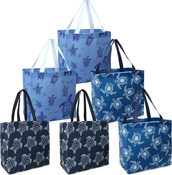 BeeGreen Sea Turtle Reusable Shopping Bags For Groceries 6 Pack- Large Foldable Tote Bags- Strong Handles for Heavy Groceries, Perfect for Supermarket, Farmers Market, and Storage Organization