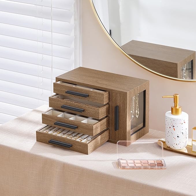 HOOBRO Jewelry Box for Women, Wooden Jewelry Organizer with Transparent Window, 4-Layer Jewelry Organizer Box, Jewelry Holder
