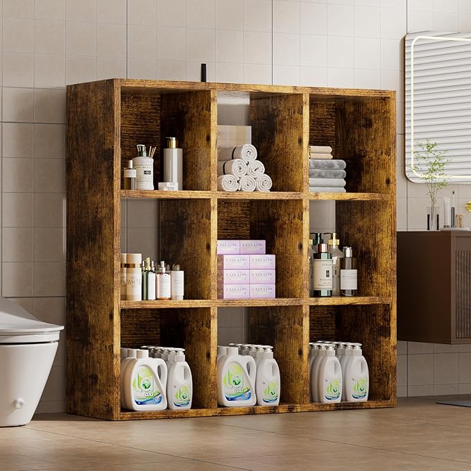 COMHOMA 9 Wood Cube Storage Organizer with Open Back and Removable Back Panels, 11In Brown Cube Storage Bookshelf, Cubicle Sh