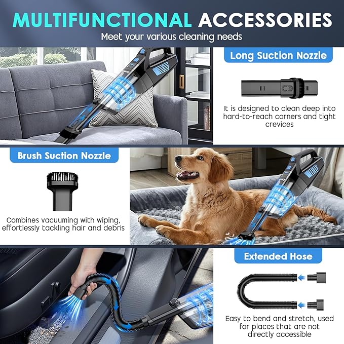 Handheld Vacuum Cordless, 15000PA Strong Suction Hand Held Car Vacuum Cleaner Portable with Multi-Nozzles & Washable Filter, 
