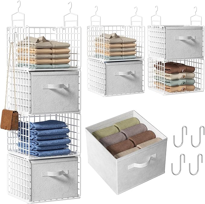 Hanging Closet Organizer with Drawers, 4 Tier Metal Closet Organizers and Storage with 4 Hanging Hooks 4 S-Hooks for Wardrobe