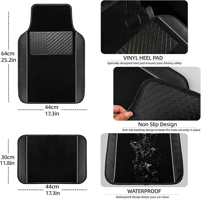 NBTEPEM Microfiber Steering Wheel Cover and Waterproof Car Floor Mats, Universal Fit Most Truck, SUV, Cars, 14.5-15inch Sporty Steering Wheel Covers with Anti-Slip Lining (Black with Gray line)