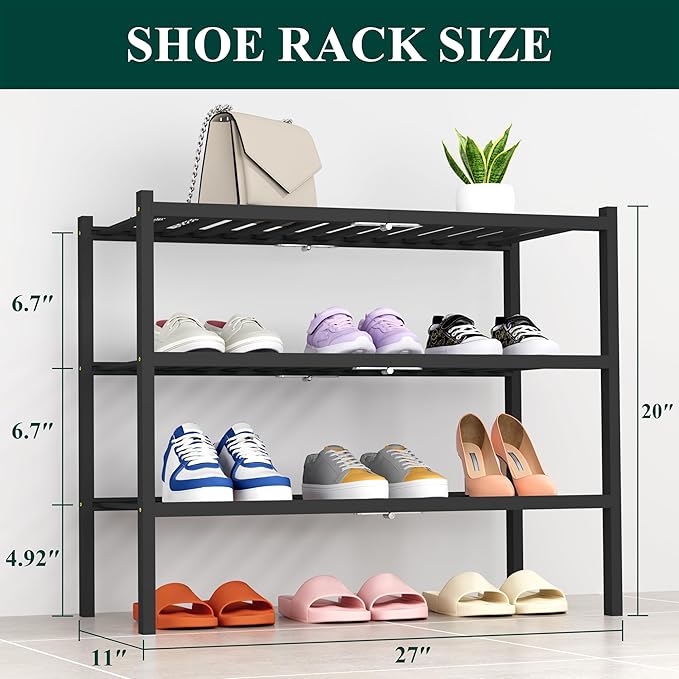 Smiry Shoe Rack, 3 Tier Thick Bamboo Shoe Organizer, Stackable Free Standing Wooden Shoe Storage Shelf for Closet, Entryway, 