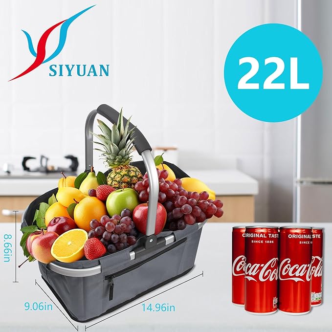 SIYUAN Picnic Basket with Handle 22L Collapsible Grocery Shopping Basket Portable Folding for Travel Camping Reuasble Market 