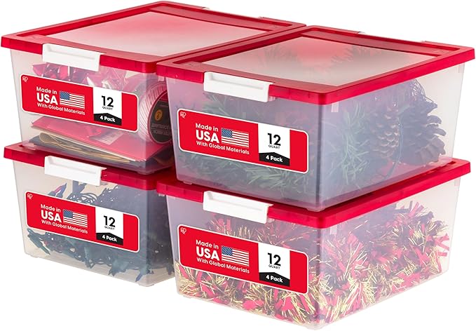 IRIS USA 12 Qt. Plastic Storage Bins Containers with Lids, 4 Pack, Sensory Bin, Craft Storage, Craft Organizers and Storage, 