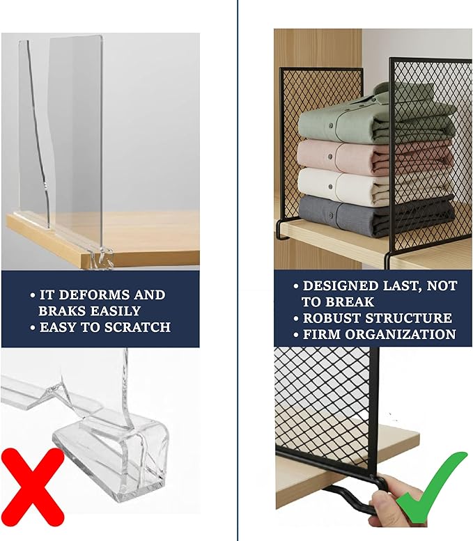 Nexu 6-Pack Metal Mesh Shelf Dividers for Closet Organization, Ultra-Stable Under-Shelf Hook Design, Matte Non-Slip Heavy Dut