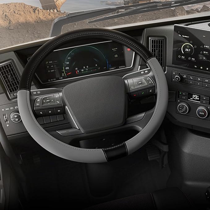 Cat® BigDrive Faux Gray/Black Leather Semi Truck Steering Wheel Cover, Fits RV and Big Rig Trucker, Steering Wheel Cover for Trucks 18 Wheeler - X-Large 17.5" - 18" Inches