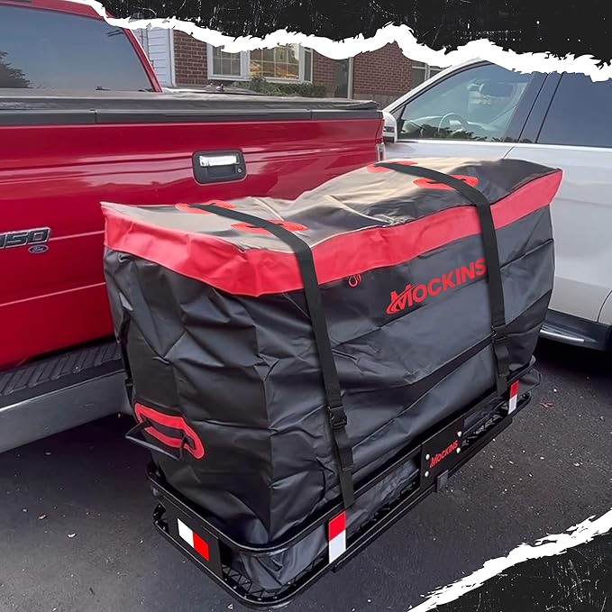 Mockins 15 CuFt Weatherproof Trailer Hitch Cargo Carrier Bag w/ 4 Packing Cubes | 48"x18"x31" Waterproof Cargo Bag for Hitch Carrier & Truck Bed Storage | Vehicle Soft-Shell Carriers w/Straps & Lock
