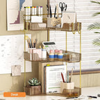 3-Tier Corner Bathroom Counter Organizer，Makeup & Skincare Shelf with Built-in Brush Holder，Space-Saving Bathroom Countertop 