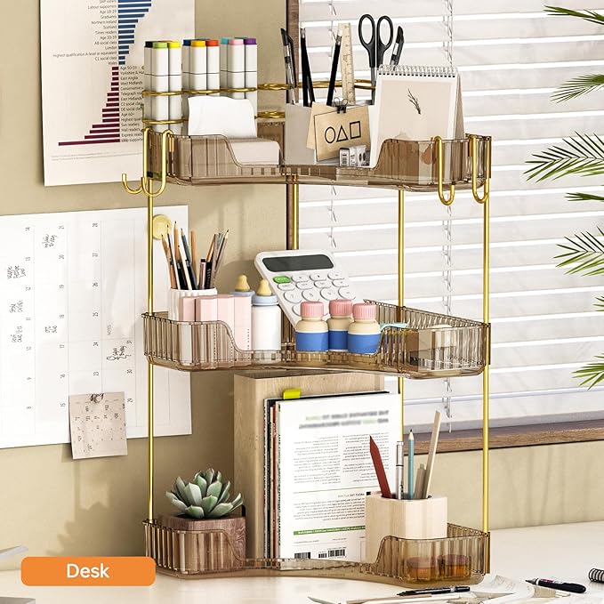 3-Tier Corner Bathroom Counter Organizer，Makeup & Skincare Shelf with Built-in Brush Holder，Space-Saving Bathroom Countertop 