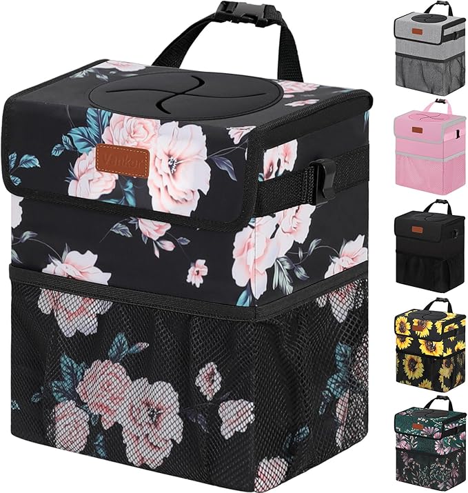 Car Trash Can for Car Cute,Bag Bin Hanging Waterproof Automotive Garbage Cans Leak Proof Vehicle Trash Can Black Floral