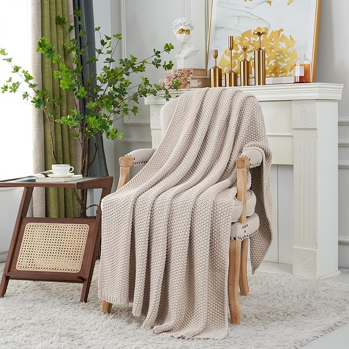 Chunky Cable Knit Throw Blanket Lightweight Beige 100% Organic Cotton Blanket for Sofa Couch Bed Baby Nursery, Rustic Shabby 