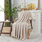 Chunky Cable Knit Throw Blanket Lightweight Beige 100% Organic Cotton Blanket for Sofa Couch Bed Baby Nursery, Rustic Shabby 