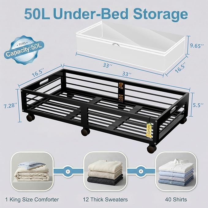 Under Bed Storage Containers with Wheels, Larger Bamboo Wood Under Furniture Storage Containers with Dust Bags，Rolling for Sh