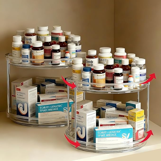 2 Pack Medicine Cabinet Organizer, Rotary Turntable Organizer for Medicine and Vitamin Bottles, Under Sink Organizer for Medi