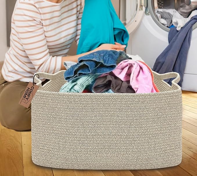 COMFY-HOMI Large Rectangular Blanket Basket, Woven Cotton Rope Baskets for Storage, Laundry Hamper Basket, Storage Bin,Toy Or