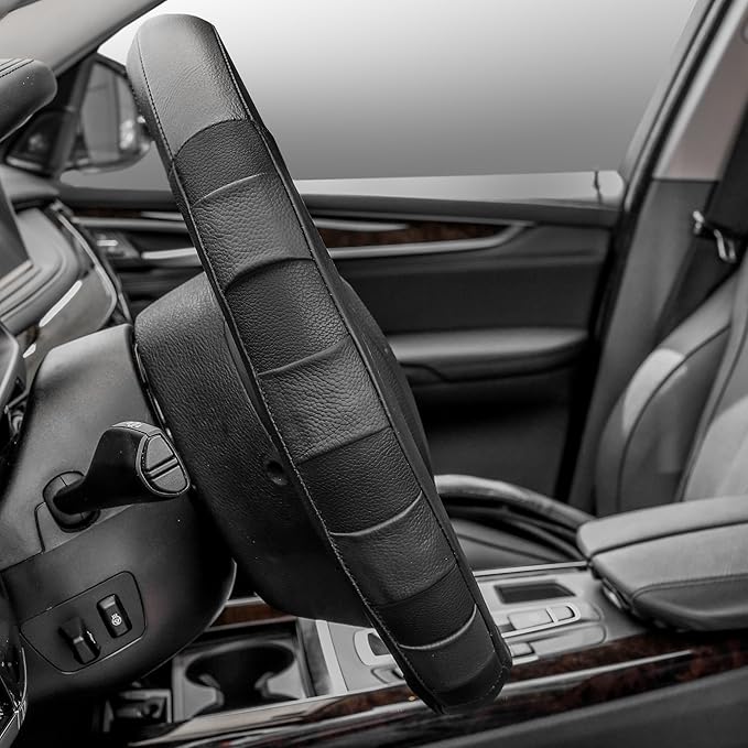 FH Group Universal Fit Genuine Leather Sport Steering Wheel Cover Fits Most Cars, SUVs Black