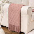 BATTILO HOME Blush Throw Blanket with Tassels, Pink Knit Blanket for Home Decor, Boho Style Textured Knitted Decorative Twin 