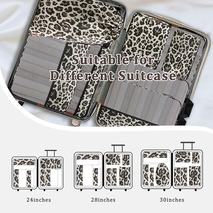 U+U 10 Set Compression Packing Cubes - Ultralight Leopard Travel Organizers with Laundry Bag, Space-Saving Suitcase Organizer