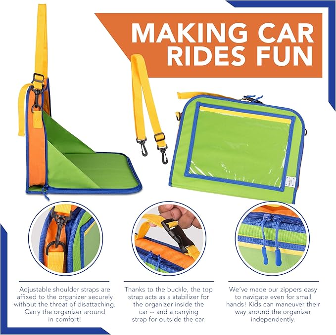 Car Organizer Back Seat for Kids & Tablet Holder for Car with Kick Mats & Lap Tray – Car Accessories Interior Must Have Road Trip Essentials (Age 3+) – Fold Away Tray with Car Seat Pocket Holders