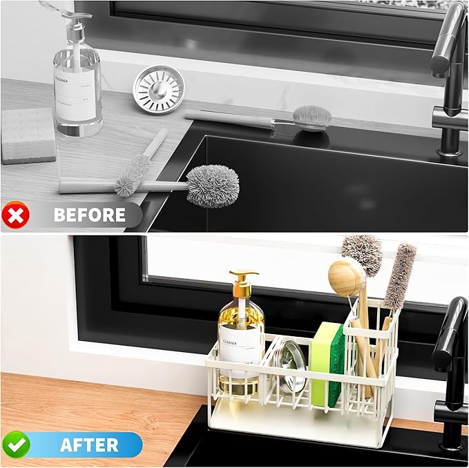 Cisily Off White Sponge Holder for Kitchen Sink, Sink Caddy Organizer with High Brush Holder, Kitchen Countertop Rustproof 30
