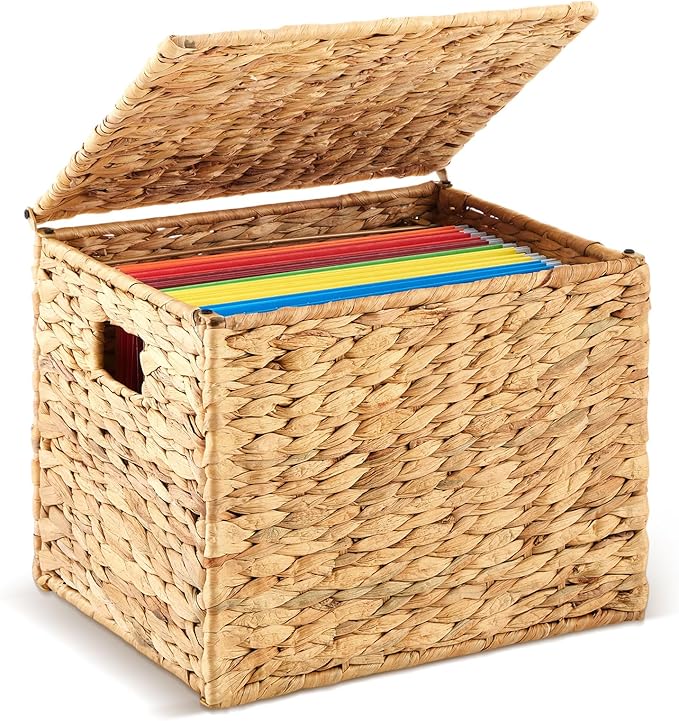 Jingmore 1 Pack Large Decorative File Box Water Hyacinth Letter/Legal Size File Organizer with Lid Collapsible Hand Woven Fil