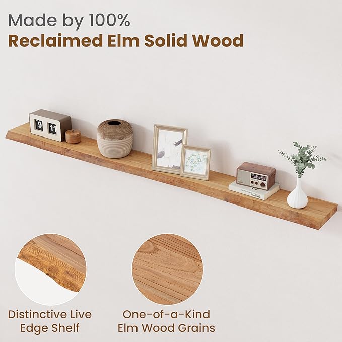 Floating Shelves for Wall Decor, Rustic Solid Elm Wood Live Edge Floating Shelves Wall Mounted, Wall Shelves with Invisible B