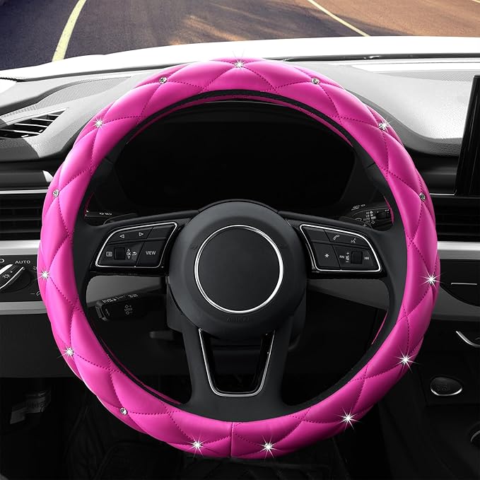 YOGURTCK Cute Diamond Soft Leather Anti-Slip Steering Wheel Cover with Bling Bling Crystal Rhinestones, Universal 15 Inch for