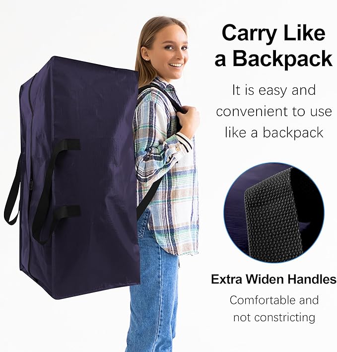 6 Pack Heavy Duty Extra Large Moving Bags W/Backpack Straps - Strong Handles & Zippers, Storage Totes For Space Saving, Fold 