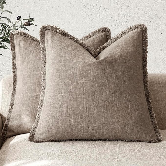 Foindtower Set of 2 Decorative Linen Fringe Throw Pillow Covers Boho Farmhouse Cushion Cover with Tassels Accent Pillowcase f
